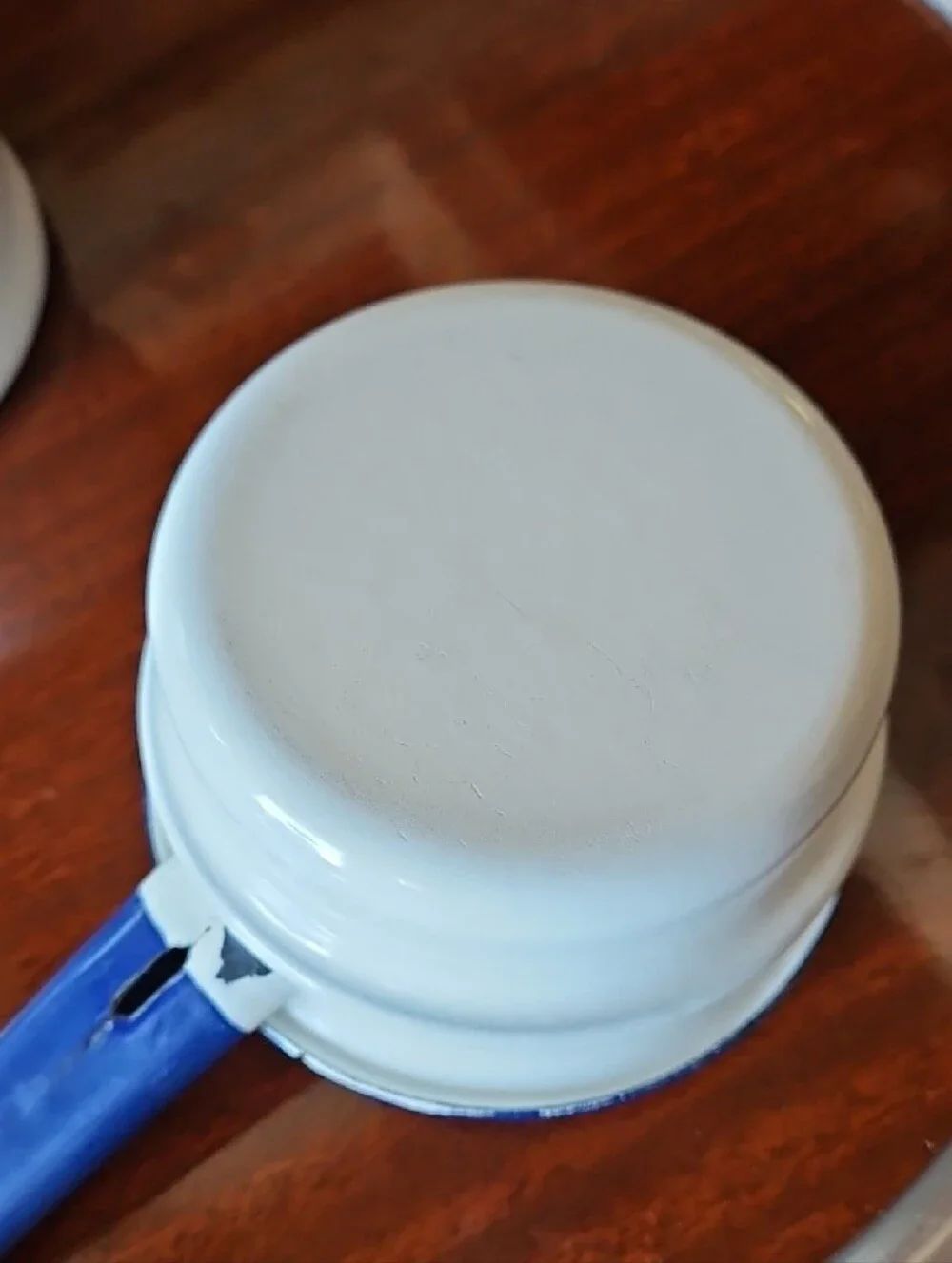 VTG 1940s White Enamelware 3-Piece Boiler Pot Cobalt Blue Trim